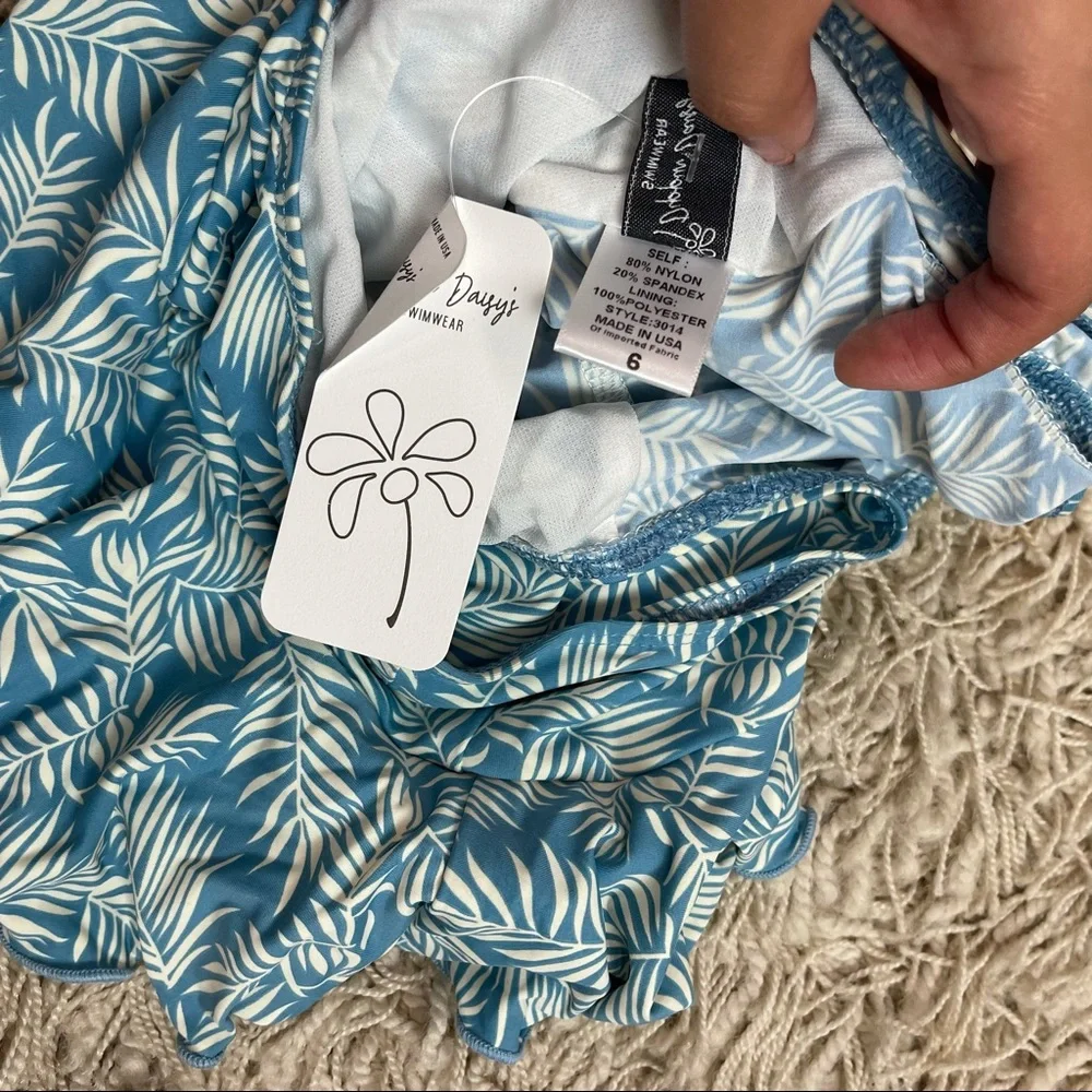 Girls Blue Palm Leaf One Piece Swimsuit - Picture 4 of 4